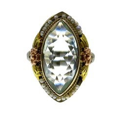 14k Solid White Gold Yellow & Rose Accented Aquamarine Pearl Filigree Ring Sz 5