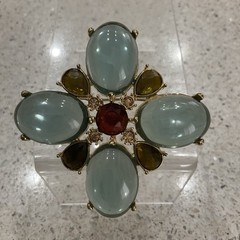 Vintage Gold Tone Translucent Seafoam Green Cabochon Maltese Cross Brooch Pin