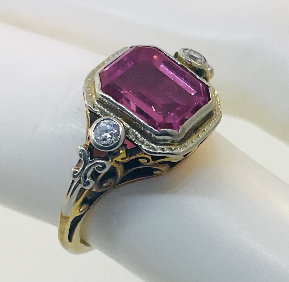 Antique Art Deco 1920’s 13k Two Tone Gold Pink Stone & Diamond Ring