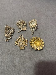 Lot of 5 Floral & Basket Brooch Pins, Multicolor Metal Enamel Rhinestone