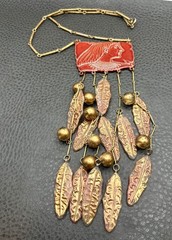 Vintage Lady Face Egyptian Revival Red Huge Waterfall Fringe Dangle Necklace 18”