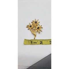 Vintage 18K Gold Plated Flower Brooch Earrings Set Blue Rhinestone Floral