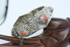 Vintage Silver Alloy Metal Ladies Jasper Bangle 20MM Wide Bracelet 7″ Heavy 64Gr
