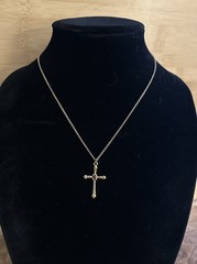 Gold Tone Cross Pendant Necklace – Simulated Amethyst Center on 15.5–17.5” Chain