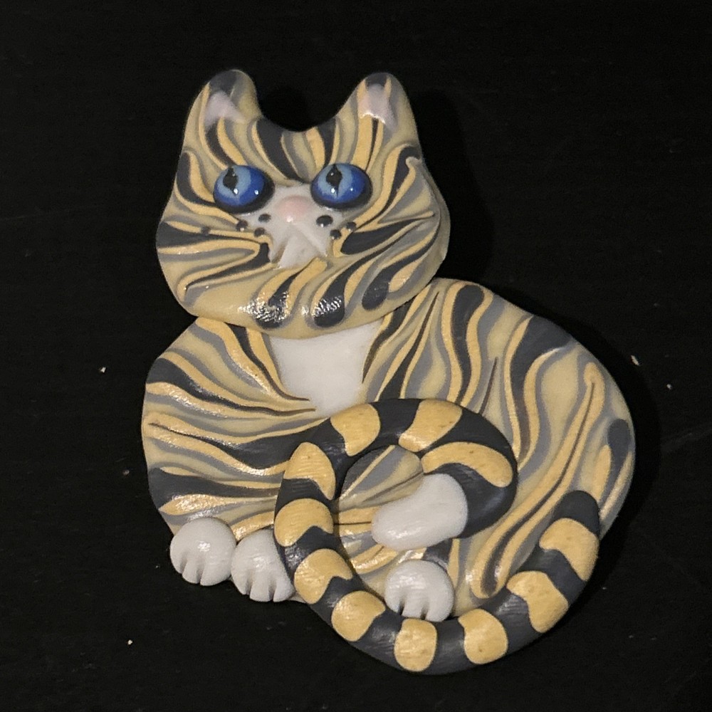 Vintage Signed 90s Handmade Jewelry Glazed Yellow Striped Cat Pin Glass Eyes