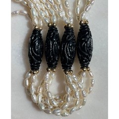 VTG FRESHWATER PEARL NECKLACE 14K YELLOW GOLD & CHINESE CARVED BLACK ONYX BEADS