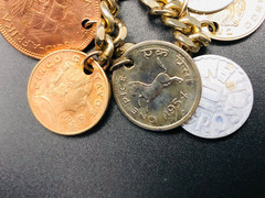 Vintage 15 RARE 1950’s Coin Charm Bracelet South Africa, India, Osterreich, Mex