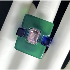 Modernist Lucite Ring Blue Green Rhinestone Sz 7.25 Statement Chunky Post Modern