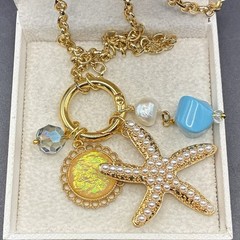 Gorgeous Vintage Sun, Sea, Sky & Starfish Charms on Gold Plated Chain Necklace