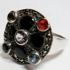 Sterling 925 Silver Ladies Ring Orange Yellow Green Blue Black Stone Size 7.75