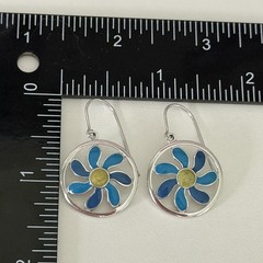 Ross Simons 925 Sterling Silver Blue & Green Enamel Flower Daisy Dangle Earrings
