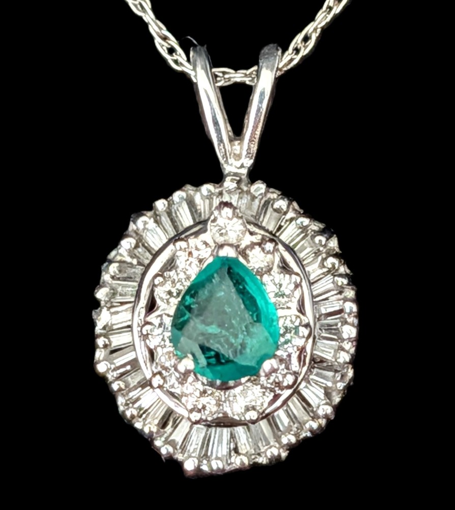 Vintage Emerald Baguette Cut Diamonds 14k White Gold Ballerina Pendant Necklace