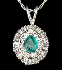 Vintage Emerald Baguette Cut Diamonds 14k White Gold Ballerina Pendant Necklace