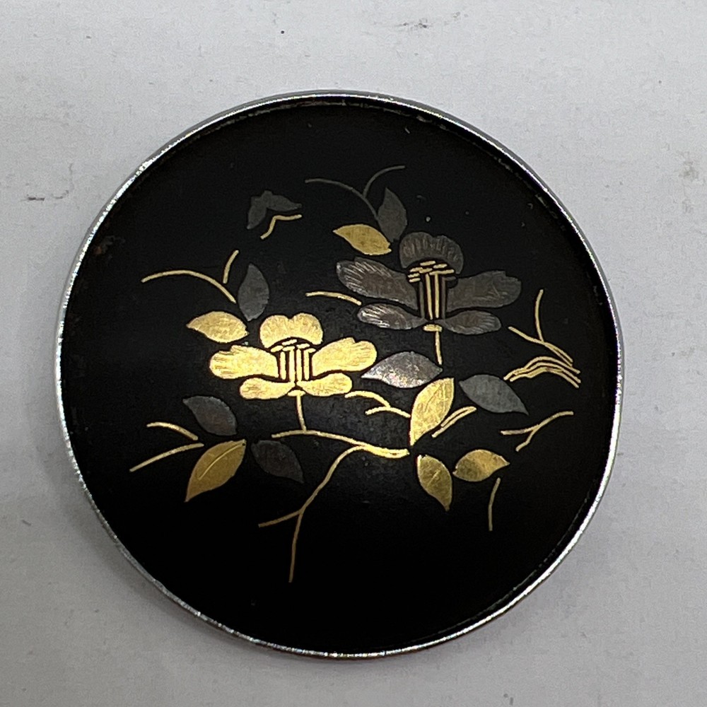 Vintage Japan Damascene flowers Black Gold Silver Color 1.4” Pin (8448)