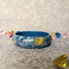 Blue Bangle Bracelet w Yellow Lavender and Silver Vintage Plastic Jewelry