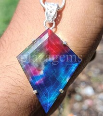 Natural Ammolite Doublet Opal 69.45 Ct Kite Shape Silver Pendant Free Chain 6AGW