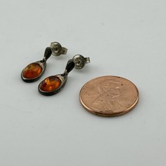 925 Sterling Silver Amber Color Cabochon Teardrop Dangle Post Earrings 90s VTG