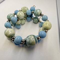 Beaded Memory Wire Bracelet Pastel Blue Pale Green Silver Beads Gift Box 1950s