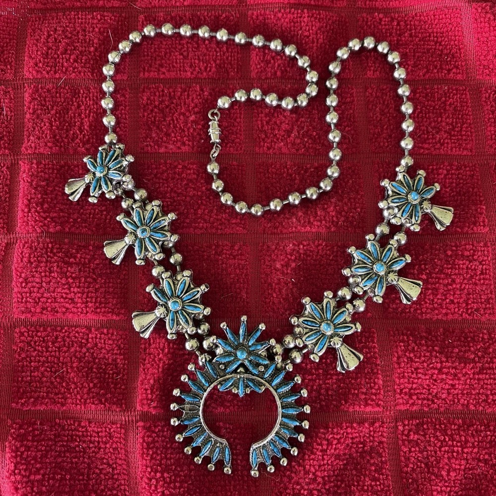 Vintage Turquoise Silver Toned Squash Blossom Style Southwest Costume Necklace