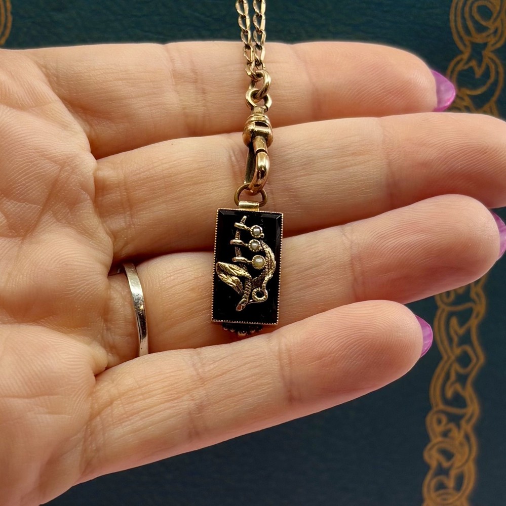 Vintage 14k Gold Onyx Seed Pearl Charm Pendant Fob Victorian Revival Midcentury