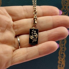 Vintage 14k Gold Onyx Seed Pearl Charm Pendant Fob Victorian Revival Midcentury