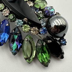 Vintage Rhinestone Brooch Blue Green Black Navette Cabochon Layered Statement
