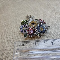 Vintage Enamel Bouquet Of Flowers Brooch Silver Tone Mid-century No Brand