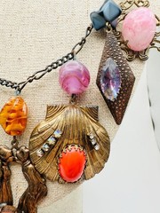 Vintage unsigned brass glass rhinestone charm Necklace 24.5”