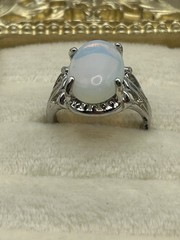 Vintage Opalite Glass Oval Ring Silver Tone Filigree Setting Size 6 Witchy Gift