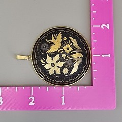 Vintage Damascene Pendant Flowers Birds Round Domed Black Gold Tone 2″