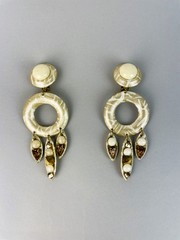 Vintage 80s HUGE Leather and Rhinestone beaded Clip earrings STATEMENT 5″ X 1.8″