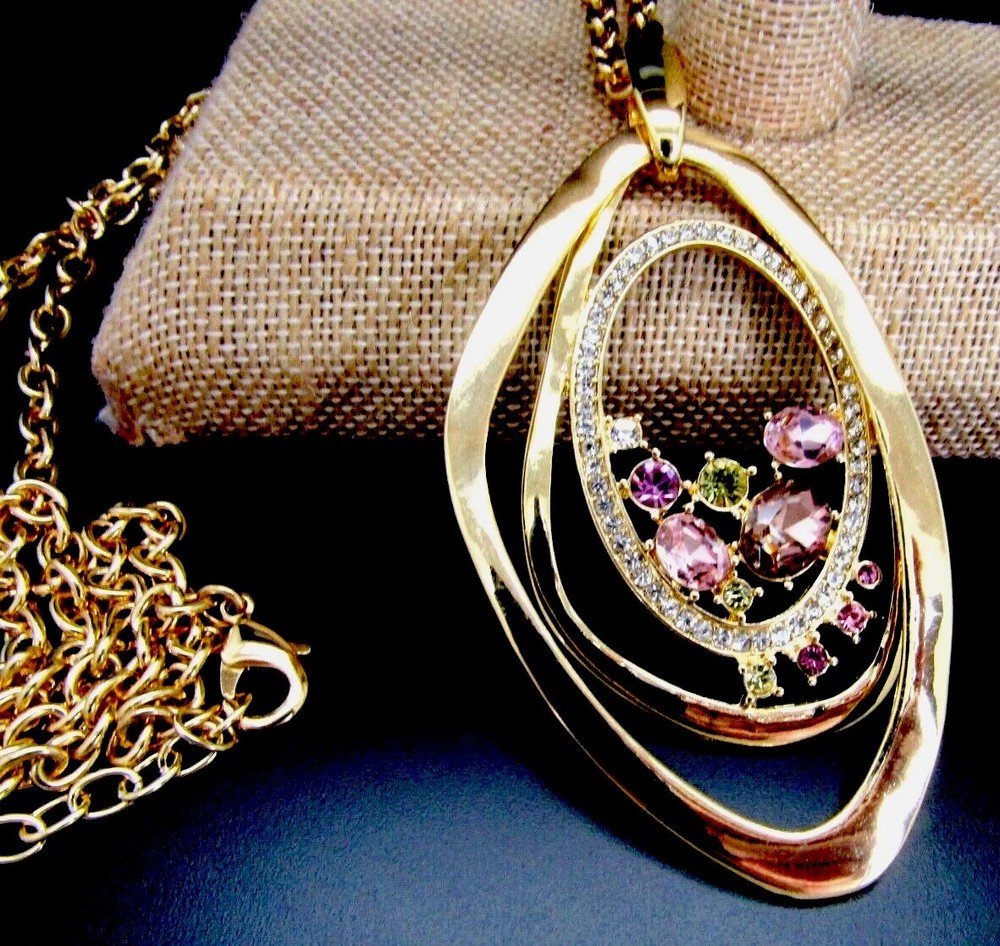 RJ GRAZIANO GOLD TONE CRYSTAL PENDANT STATEMENT LONG NECKLACE NIB