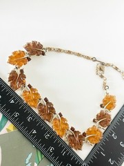 Vintage LISNER Jelly Lucite Leaf Necklace Orange Brown Molded Leaves Gold Tone