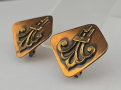 Unsigned Renoir Chunky Copper Brass Filigree Scroll Panel Bracelet Clip Earrings