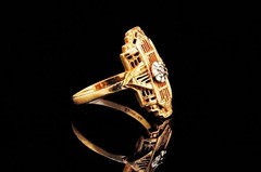 Antique Art Deco 10K Yellow Gold Diamond Filigree Ring Size 6