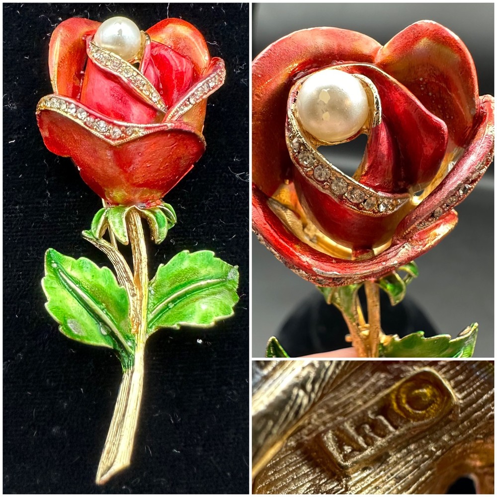 Vintage MODE-ART Rose Enamel Floral Bouquet Brooch Rhinestone Jewelry