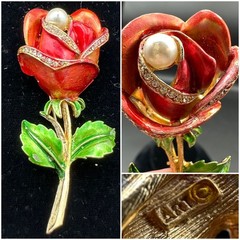 Vintage MODE-ART Rose Enamel Floral Bouquet Brooch Rhinestone Jewelry