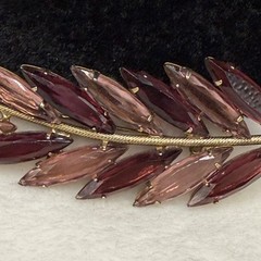 Vintage Rhinestone Feather Brooch Gold Tone Pink Purple Open Back LARGE