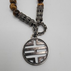 Tigers Eye Marcasite Convertible Bead Necklace Vintage Asian Inspired Charm Boho