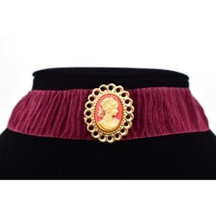 Vintage Cameo Choker Necklace Pendant Burgundy Ribbon Fabric Gold NOS 1990s A23