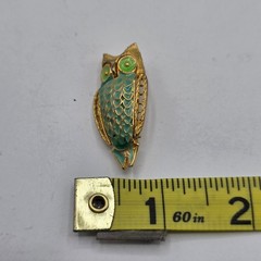 Vintage Gold Tone Teal Green Enamel Owl Brooch Bird Pin Whimsical Animal Retro