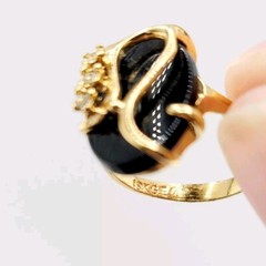 Vtg Sz 7 Ring Genuine Black Oval Onyx Rhinestones Fashion Jewelry 18KGE Sty#5