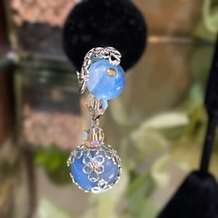 Vintage Coro Signed Blue Silver Beaded Drippy Drop Clip Earrings Filigree
