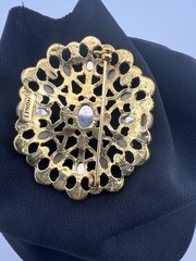 VTG Monet Signed Tigereye Ruby Topaz Gold Crystals Oval Broach Pin Filagree