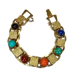 Vintage MCM Etruscan Revival Multi Color Cabochon Book Chain Bracelet 6.25″