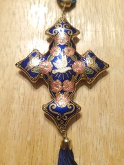 Vintage Cloisonne Cross Pendant Deep Blue with Goldtone Trim, 54.1 Grams Heavy