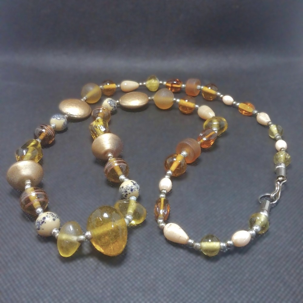 Vintage Long Beaded Glass Necklace Honey Tones Czech Frosted Satin 32 In Length