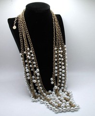 Vintage RJ Graziano 4-strand faux pearl and goldtone chain statement necklace
