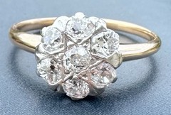 ART DECO 1930’s OLD MINE CUT DIAMOND DAISY FLOWER RING 13K 14K 15K GOLD