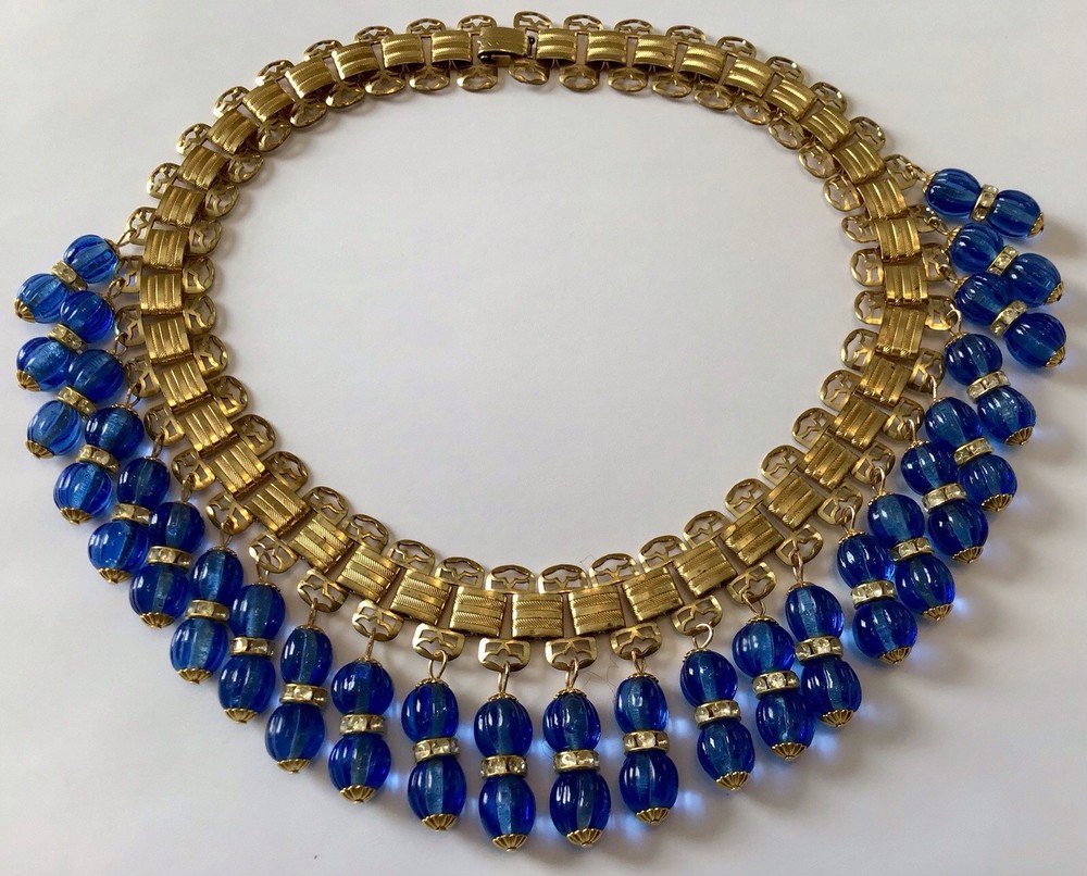 EARLY MIRIAM HASKELL BLUE GLASS BEAD AND RHINESTONES FRINGED BOOKCHAIN NECKLACE